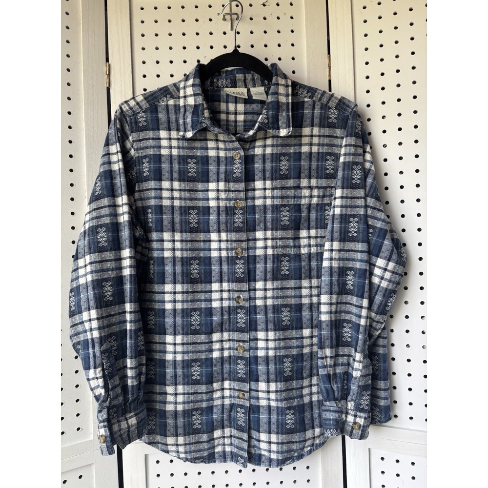 VTG Classic Elements Plaid Blue White‎ Button Down Blouse Cotton Women's LP
